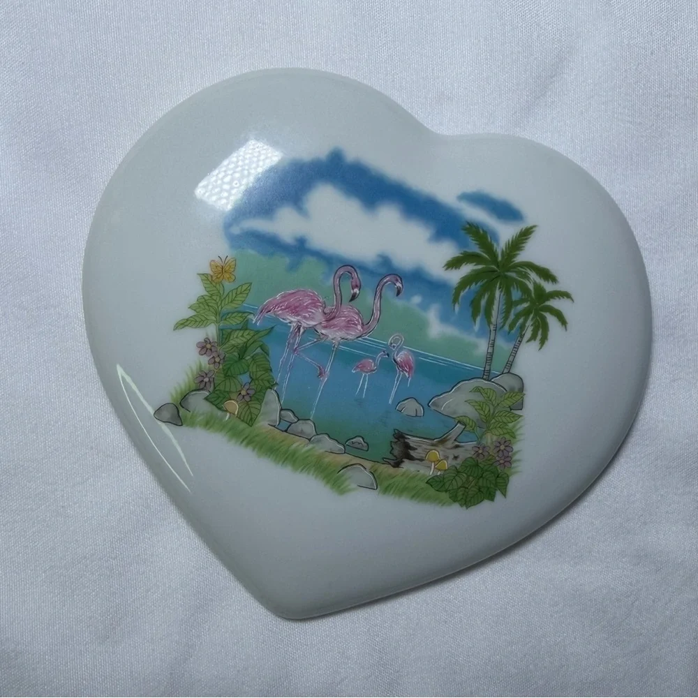 Vintage Papel Japan Flamingo Fantasy Ceramic Heart Jewelry Box Retro Home Decor